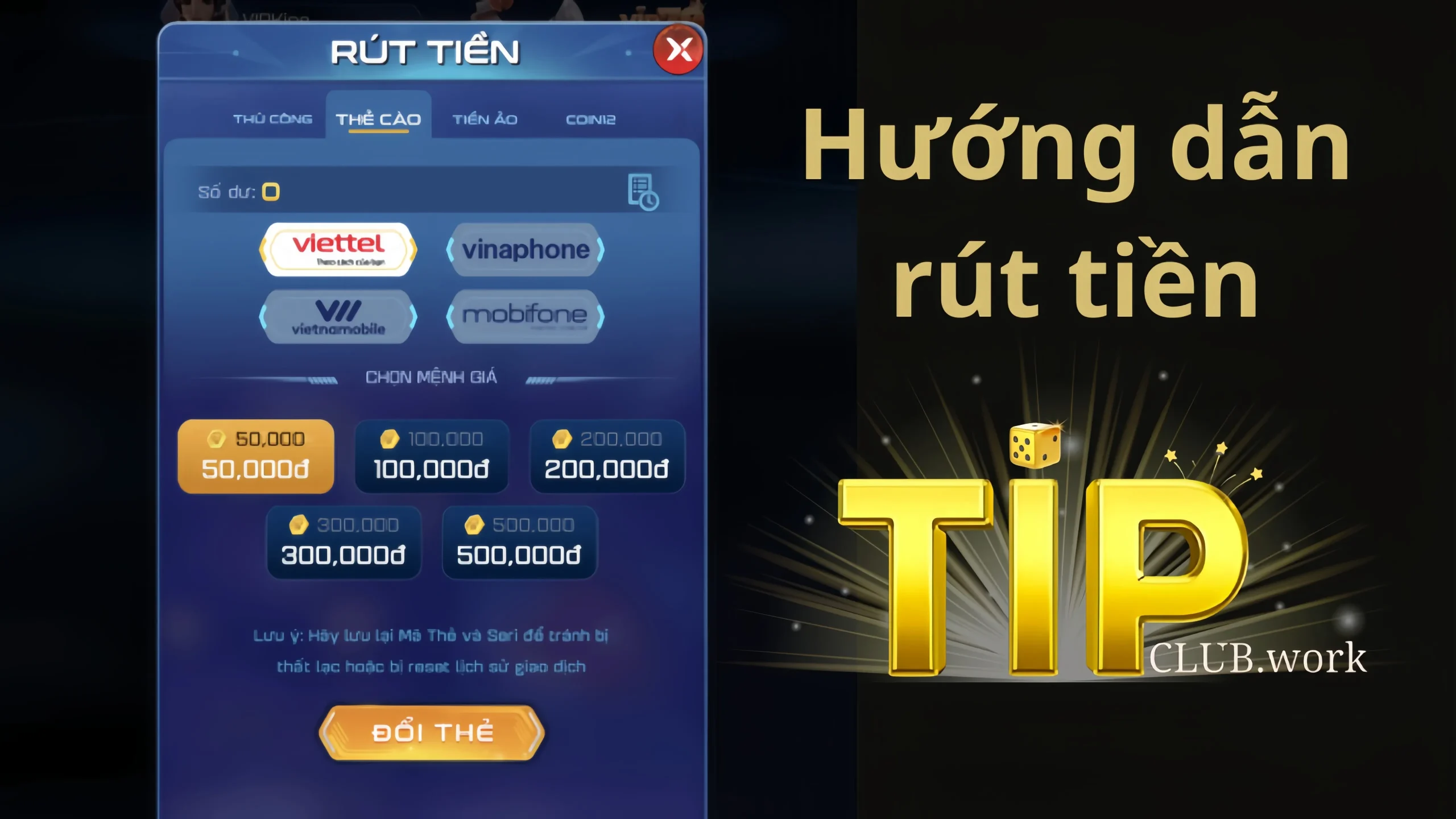 Hướng dẫn rút tiền tip club